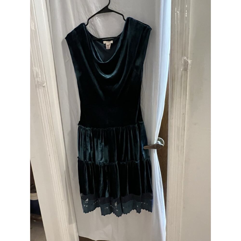 Sundance Green Velvet Cowl Neck Tiered Lace Hem Silk Blend Midi Dress Sz M
